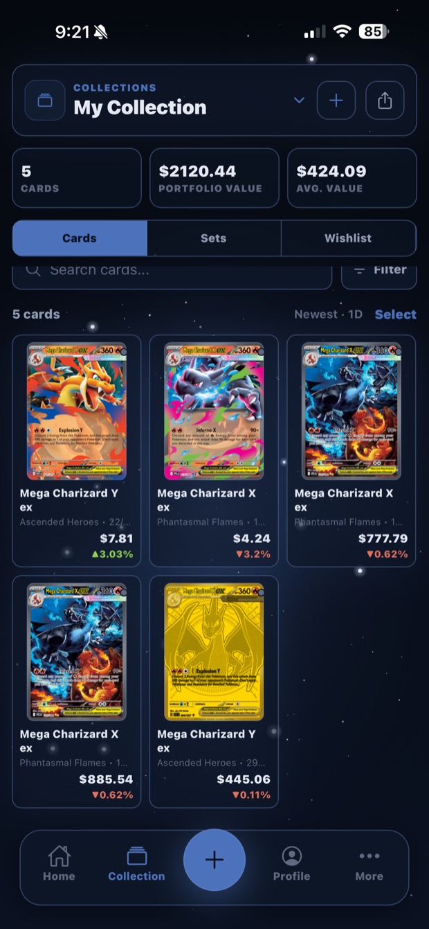 Collection grid with card values