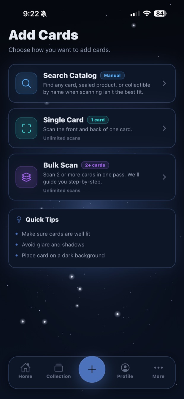 Add Cards screen with search, single scan and bulk scan
