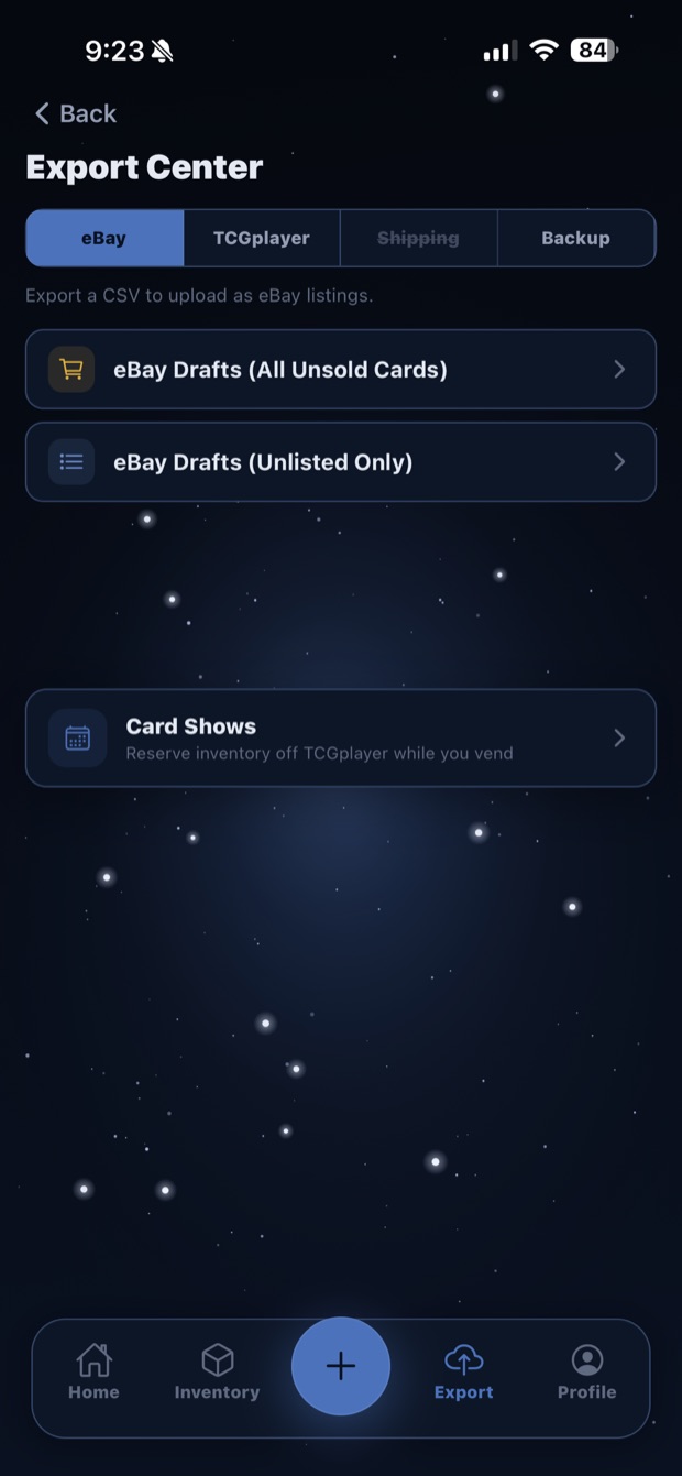 Export Center with eBay and TCGplayer options